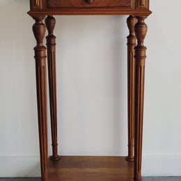 Louis XVI style Walnut lamp/side table with drawer and marble top. In good original detailed condition.