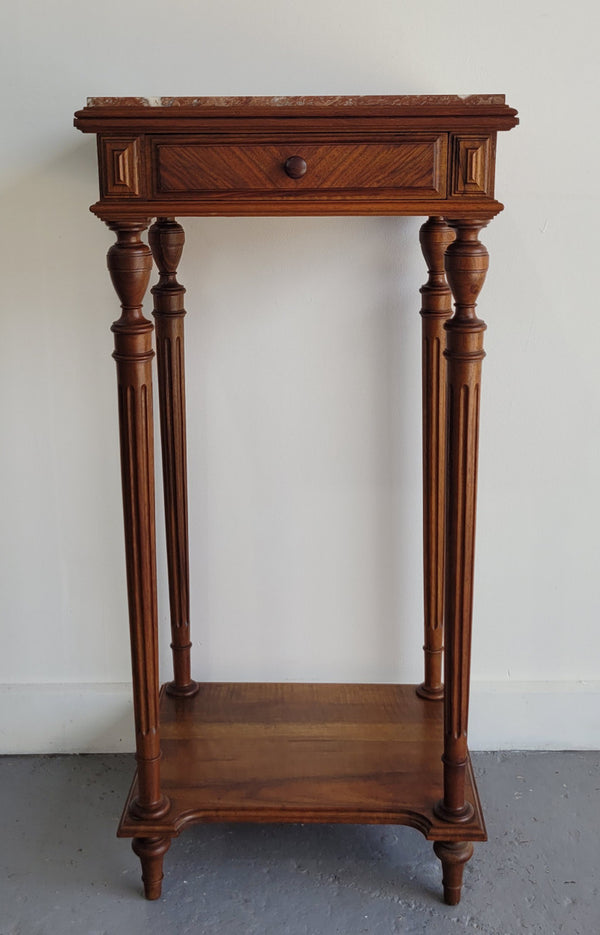 Louis XVI style Walnut lamp/side table with drawer and marble top. In good original detailed condition.