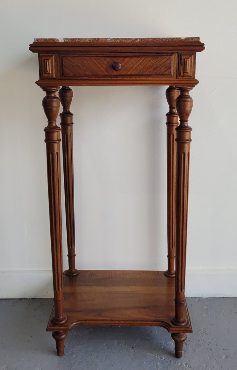 Louis XVI style Walnut lamp/side table with drawer and marble top. In good original detailed condition.