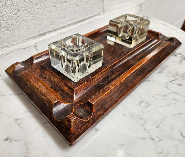 Edwardian Desk & Double Ink & Pen Holder on Wooden Stand.  Original Condition. It has been sourced from France and is in good original detailed condition.