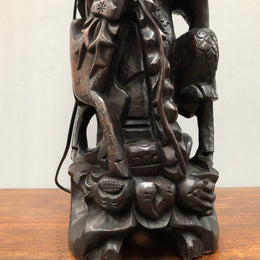 Antique Chinese hand carved Rosewood Immortal "Shou Xing" God of longevity lamp base. Profusely inlaid with brass cloisons. Meiji period Circa 1880.
