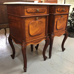 Pair Of White Marble Top Mahogany Bedside Cabinets