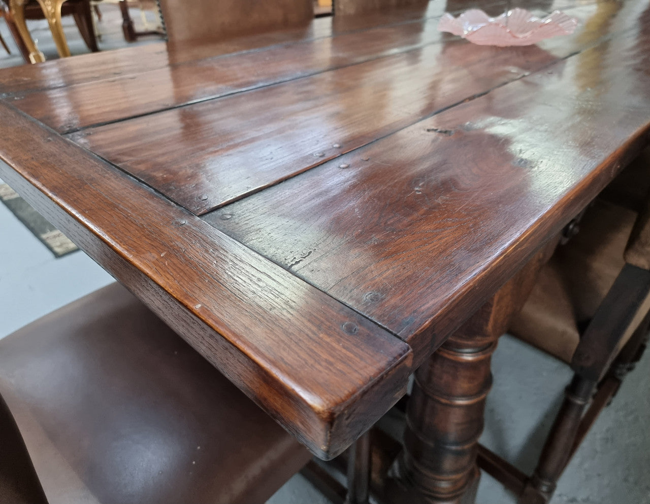 Amazing 3 Meter Dark Oak Farmhouse Dining Table With Set of 10 Leather Chairs | Antique & Vintage | Moonee Ponds Antiques | Australia Wide Delivery