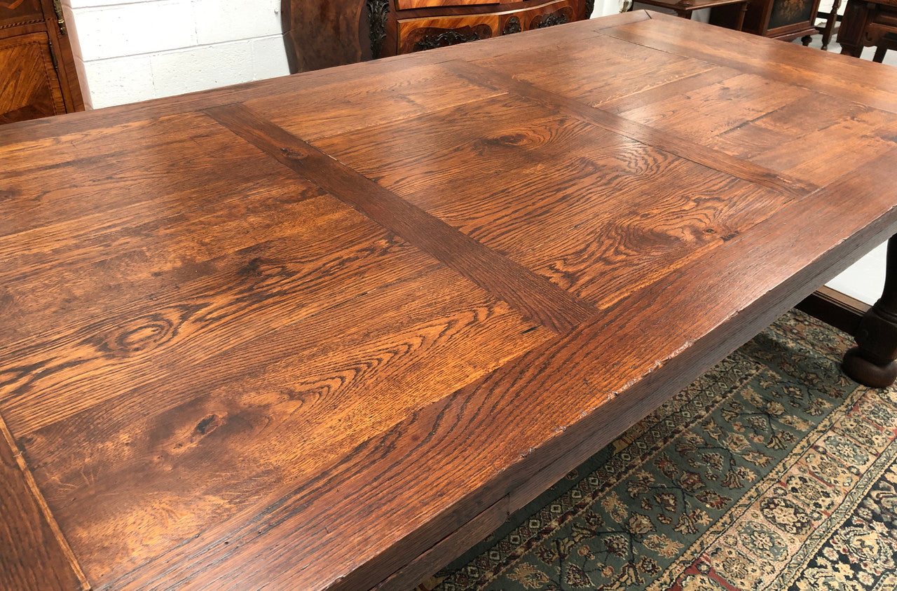 Amazing Antique French 19th century Oak parquetry top extension table. Circa 1860 and is in restored condition. When fully extended is almost 4 meters long.