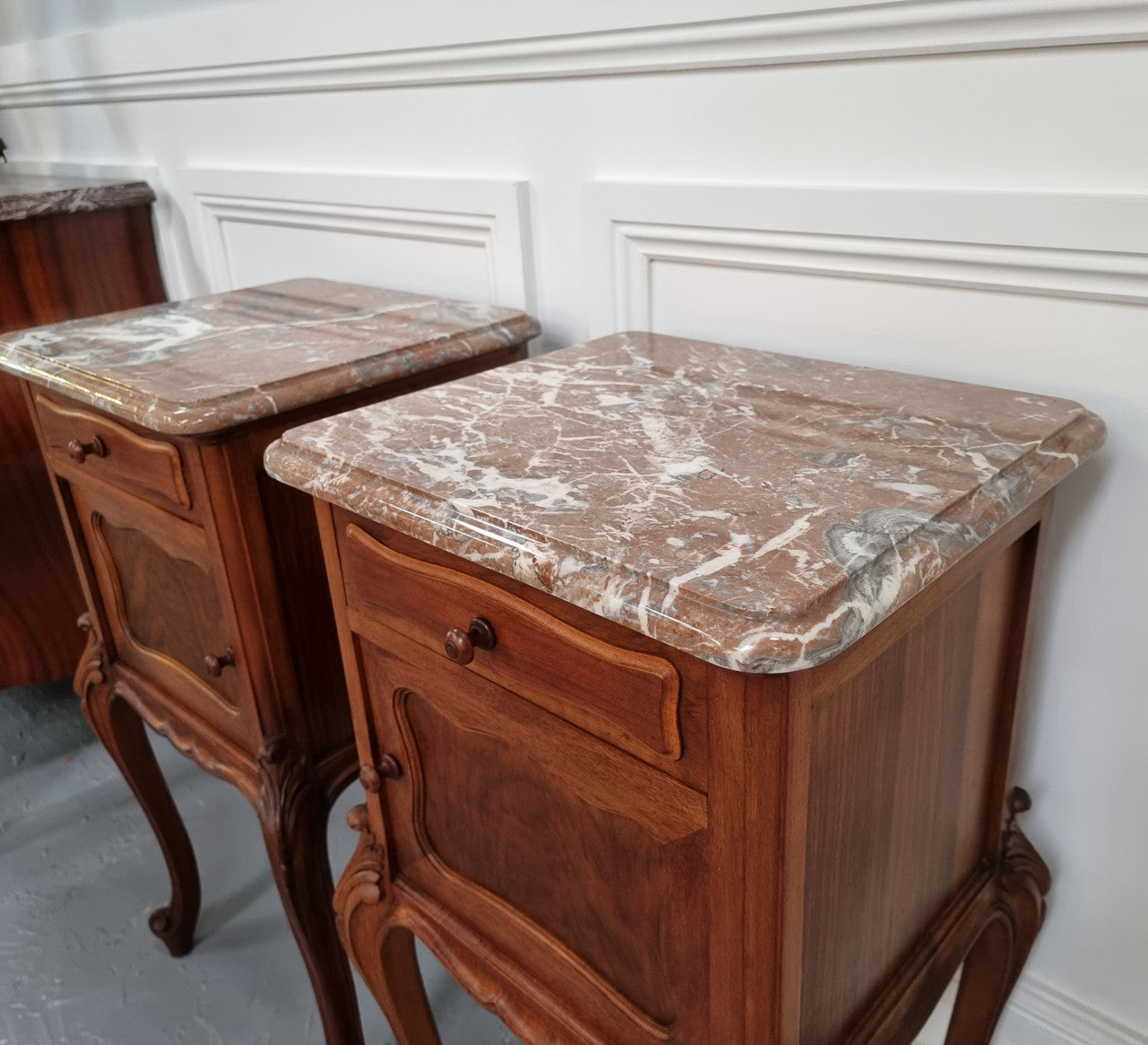 French Louis XVI Style Figured Walnut Marble Top Bedsides | Antique & Vintage | Moonee Ponds Antiques | Australia Wide Delivery