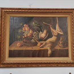 Sourced in France is the beautiful  still life oil painting on canvas, of a bird, rabbit and deer. Framed in a beautiful ornate gilt frame and in good original condition.