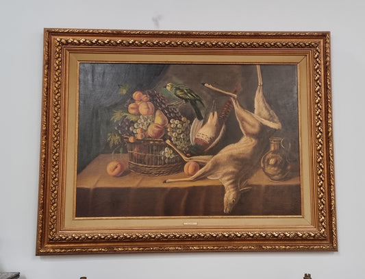Sourced in France is the beautiful  still life oil painting on canvas, of a bird, rabbit and deer. Framed in a beautiful ornate gilt frame and in good original condition.