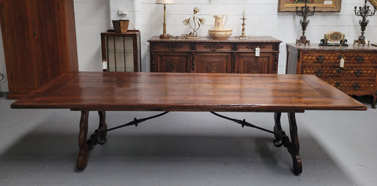 Hard to find three meter Spanish style dining table with a width of 108 cm. Made from reclaimed elm and Oregon with nice iron work. Can easily sit 10-12 people and is in good original detailed condition.