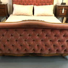 Beautiful upholstered French walnut queen size bed. This bed has lovely carved detail and custom made slats in very good condition.