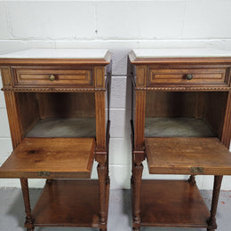 Pair parquetry Walnut bedside cabinets with white inset marble tops. In good original detailed condition.