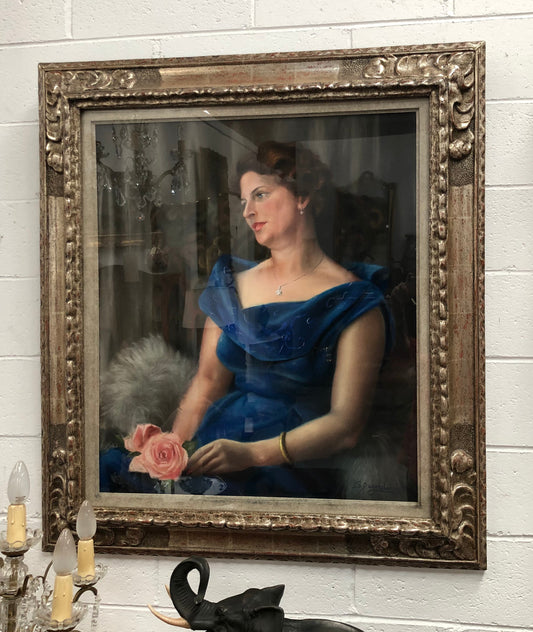 Belgian silver gilt framed pastel of a lady with rose, signed "Simon Dujardin" born 1900. Circa 1950's. Being a pastel artwork it is under glass to protect it.