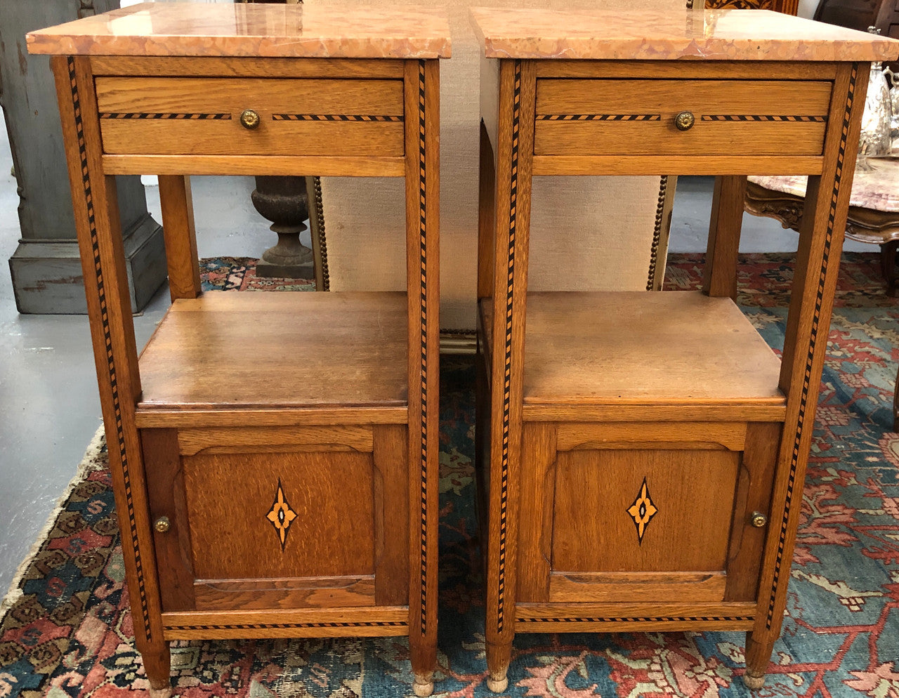Beautiful Pair of French Oak Inlaid Marble Top Bedside Cabinets
