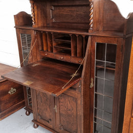 Oak Tudor Style Secretaire Bookcase With Leadlight Doors