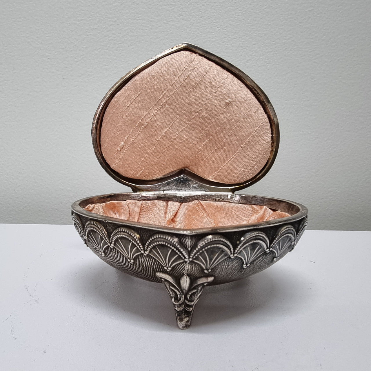 Vintage Silver Plated & Embossed Design Heart Shape Trinket Box