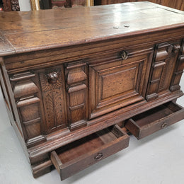 Stunning 18th Century solid French oak Cassone. It has plently of storage space inside along with two drawers at the bottom. It has loads of charter and has been sourced from France. It is in good original detailed condition.