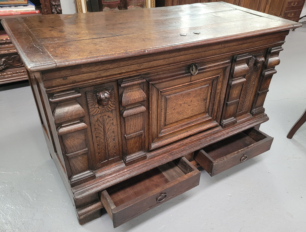 Stunning 18th Century solid French oak Cassone. It has plently of storage space inside along with two drawers at the bottom. It has loads of charter and has been sourced from France. It is in good original detailed condition.