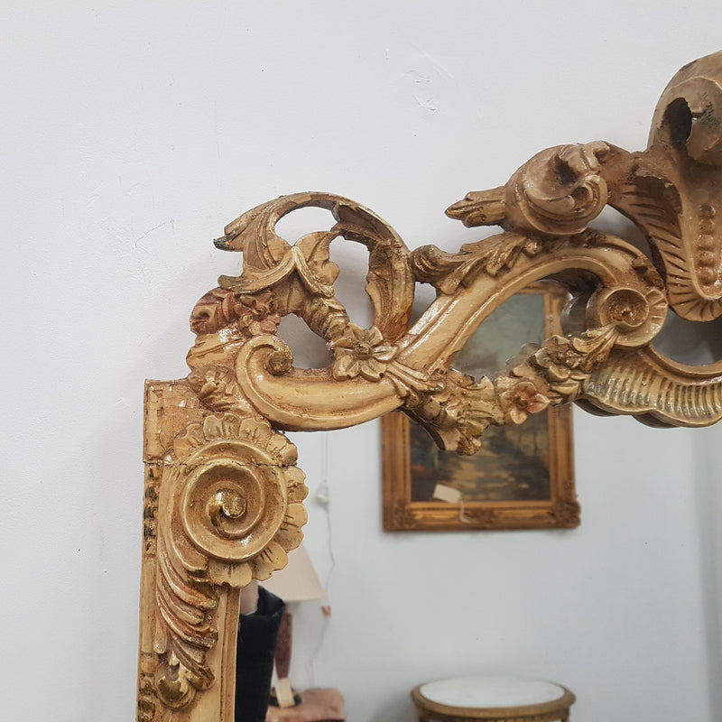 Beautifully carved Italian Rococo style painted console/hall table and mirror. An amazing coloured marble top showing sections of gold veins and is in good condition. Mantle mirror is retaining it's original mirror and showing ages spots.