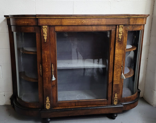 Victorian Rosewood inlaid side cabinet/credenza with velvet lined shelves and gilt mounts. It has been sourced locally and is in good original condition with loads of character.