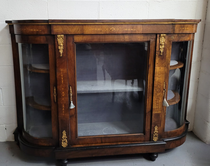 Victorian Rosewood inlaid side cabinet/credenza with velvet lined shelves and gilt mounts. It has been sourced locally and is in good original condition with loads of character.
