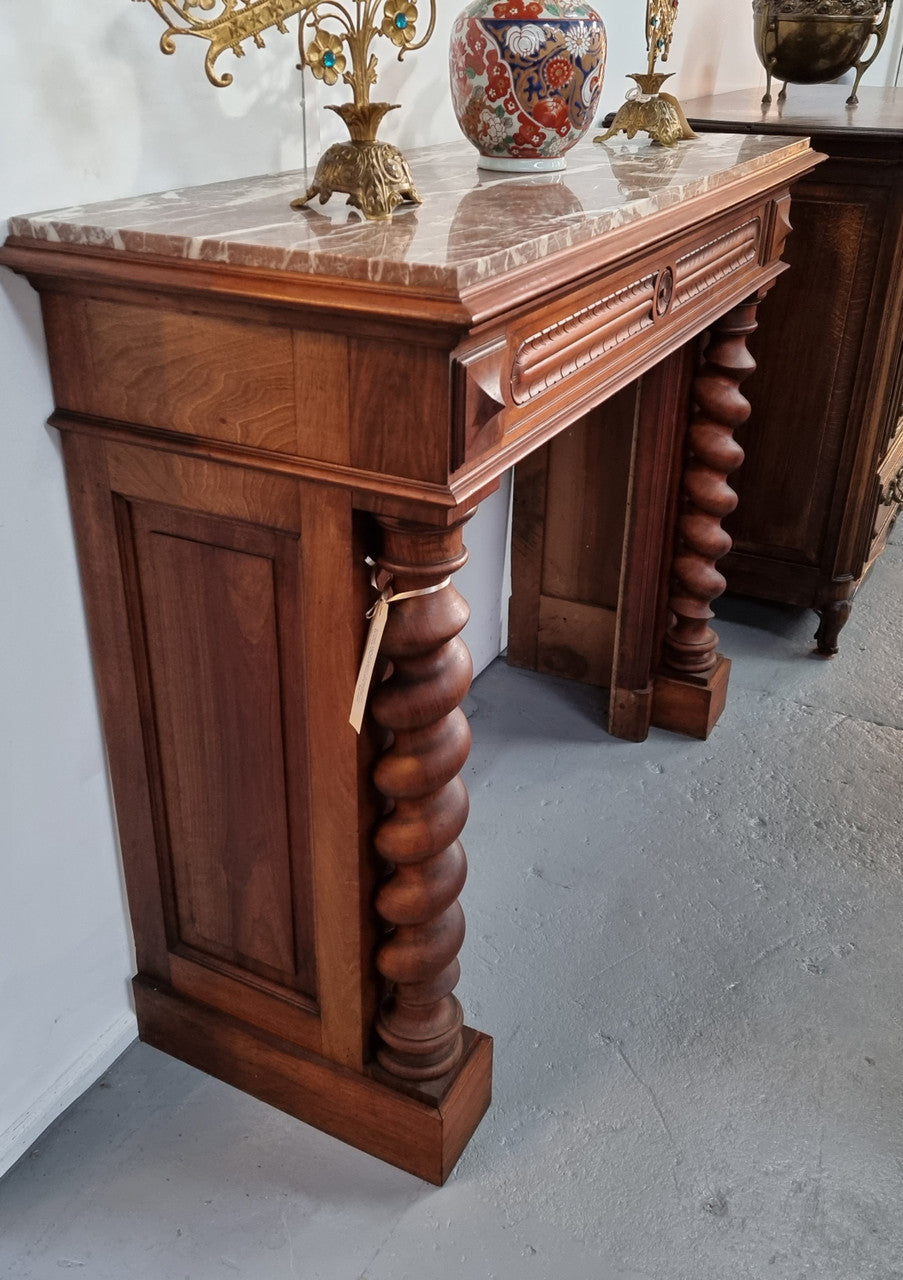 French 19th Century Walnut & Marble Top Fireplace Surround