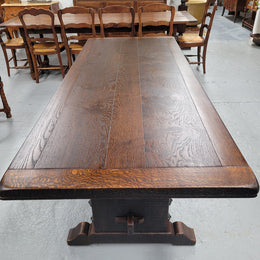 Stunning French dark Oak refectory style dining table. It has been sourced from France and is in good original detailed condition.