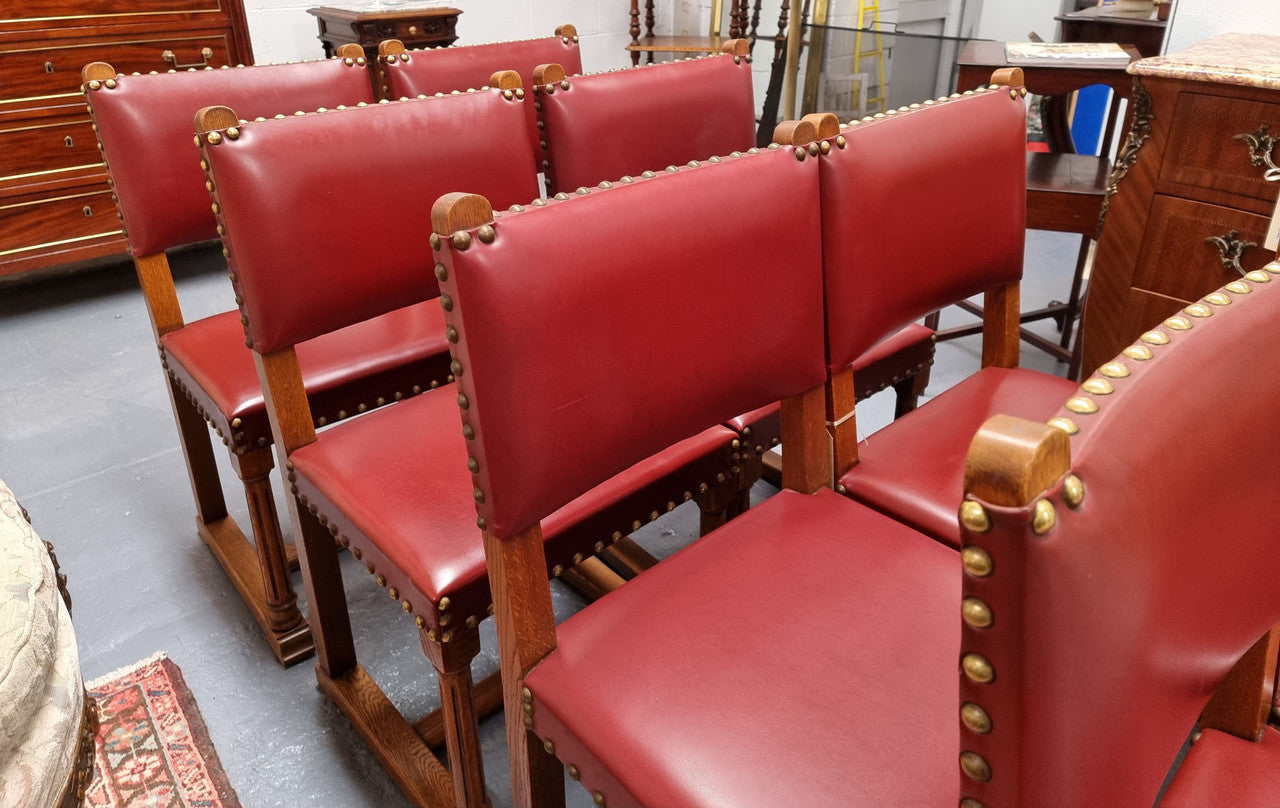 Set Of Eight Oak Upholstered With Faux Leather Dinning Chairs