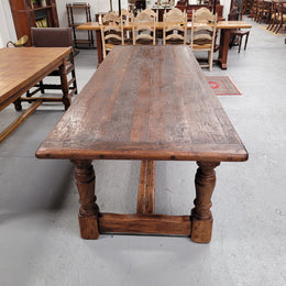 Amazing 2.65 meter French Elm Refectory dining table with loads of rustic charm. This table has been sourced from France and can comfortably seat ten people. It is in good original detailed condition.