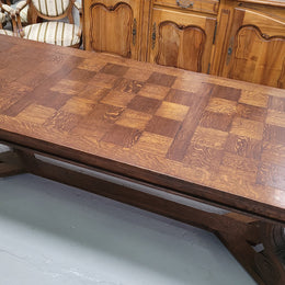 Stunning 2.55 meter French Spanish style parquetry top Oak table. Amazing one piece top and it is in good original detailed condition.
