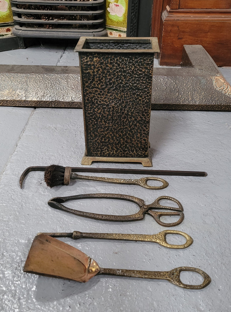 Art Nouveau five piece fire tool set in decorative box. All tools are in original good used condition, please view photos as they help form part of the description.