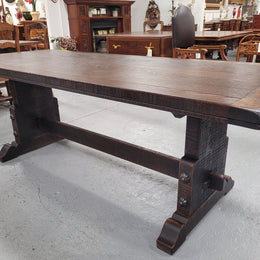 Stunning French dark Oak refectory style dining table. It has been sourced from France and is in good original detailed condition.