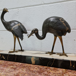 Fabulous French Art Deco cold painted spelter Ibis birds on a stylized Art Deco marble base. Signed "Rochard" circa 1930's. In good original detailed condition.