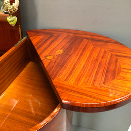 French Mahogany hidden dressing table with beautiful marquetry inlay. In good restored condition. Circa: 1950's