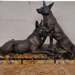French Art Deco Statue Of Two German Shepherds On Marble Base