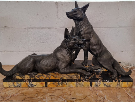 French Art Deco Statue Of Two German Shepherds On Marble Base