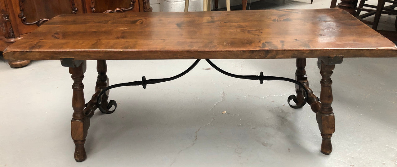 Vintage French Fruitwood & iron stretcher base coffee table. In good original detailed condition.