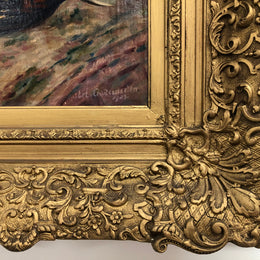 An Antique gilt-framed oil painting of floral still life. Housed in a double sweep gilt frame, signed and dated in good condition.