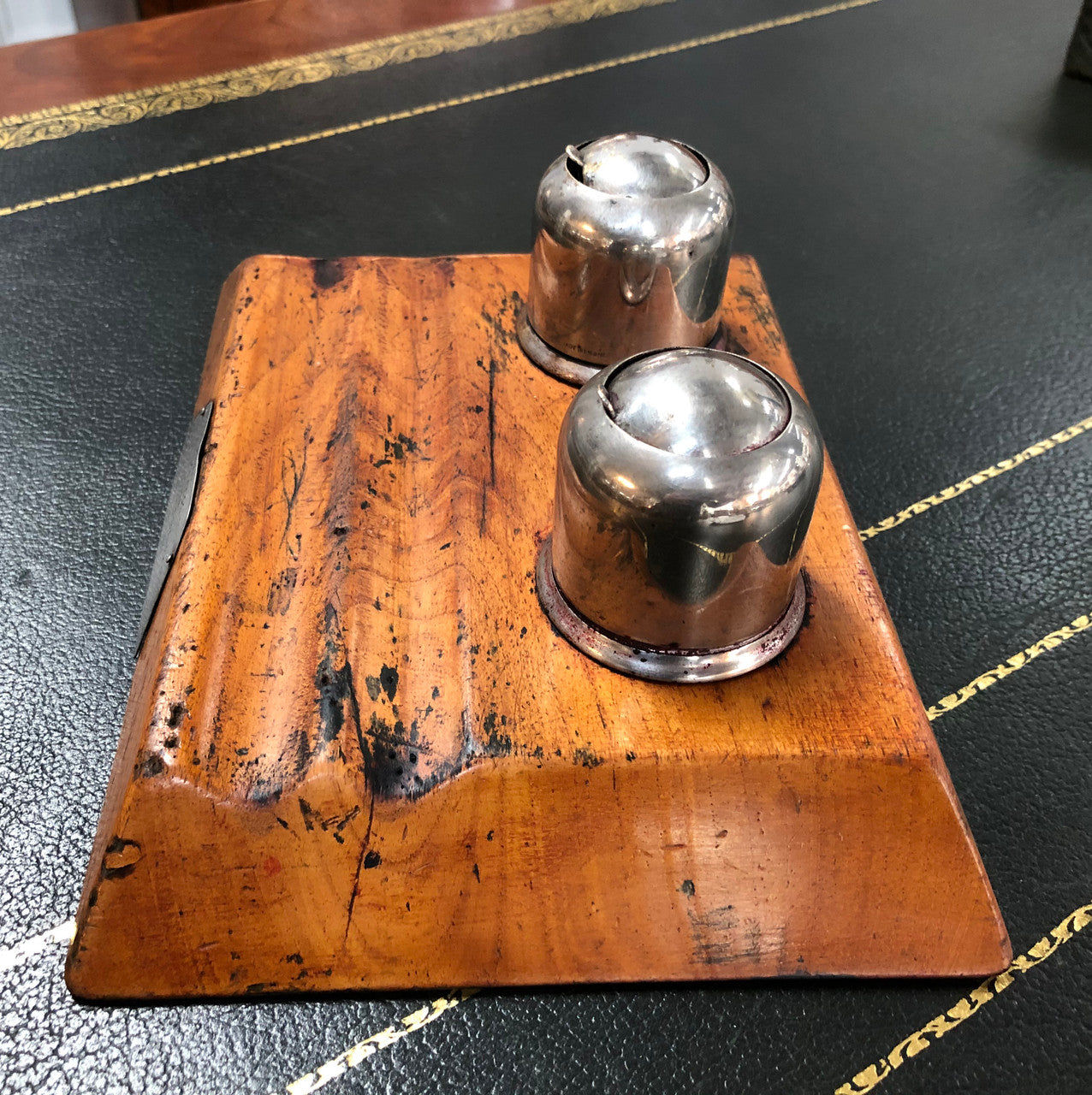 Rustic Cedar & Chrome Dual Ink Well With Plaque | Antique & Vintage | Moonee Ponds Antiques | Australia Wide Delivery
