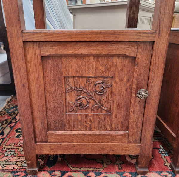 Charming pair of French Oak Arts and Crafts bedsides with shelf, cupboard with carving and marble top.  They have been sourced from France and are in good original detailed condition.