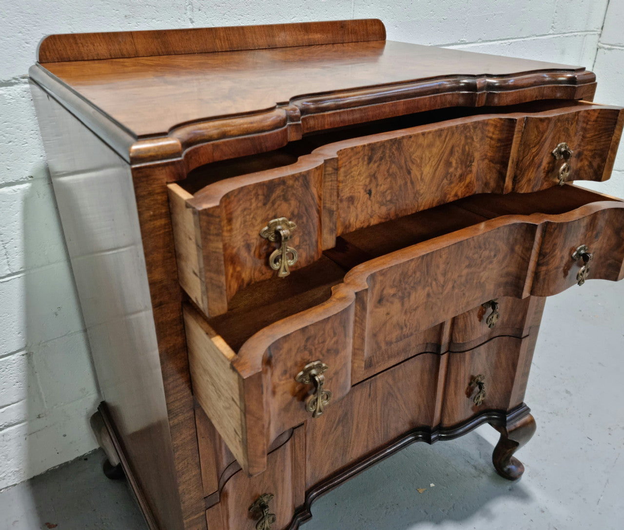 Antique English Figured Walnut Inverted Serpentine Fronted Chest of Drawers | Antique & Vintage | Moonee Ponds Antiques | Australia Wide Delivery