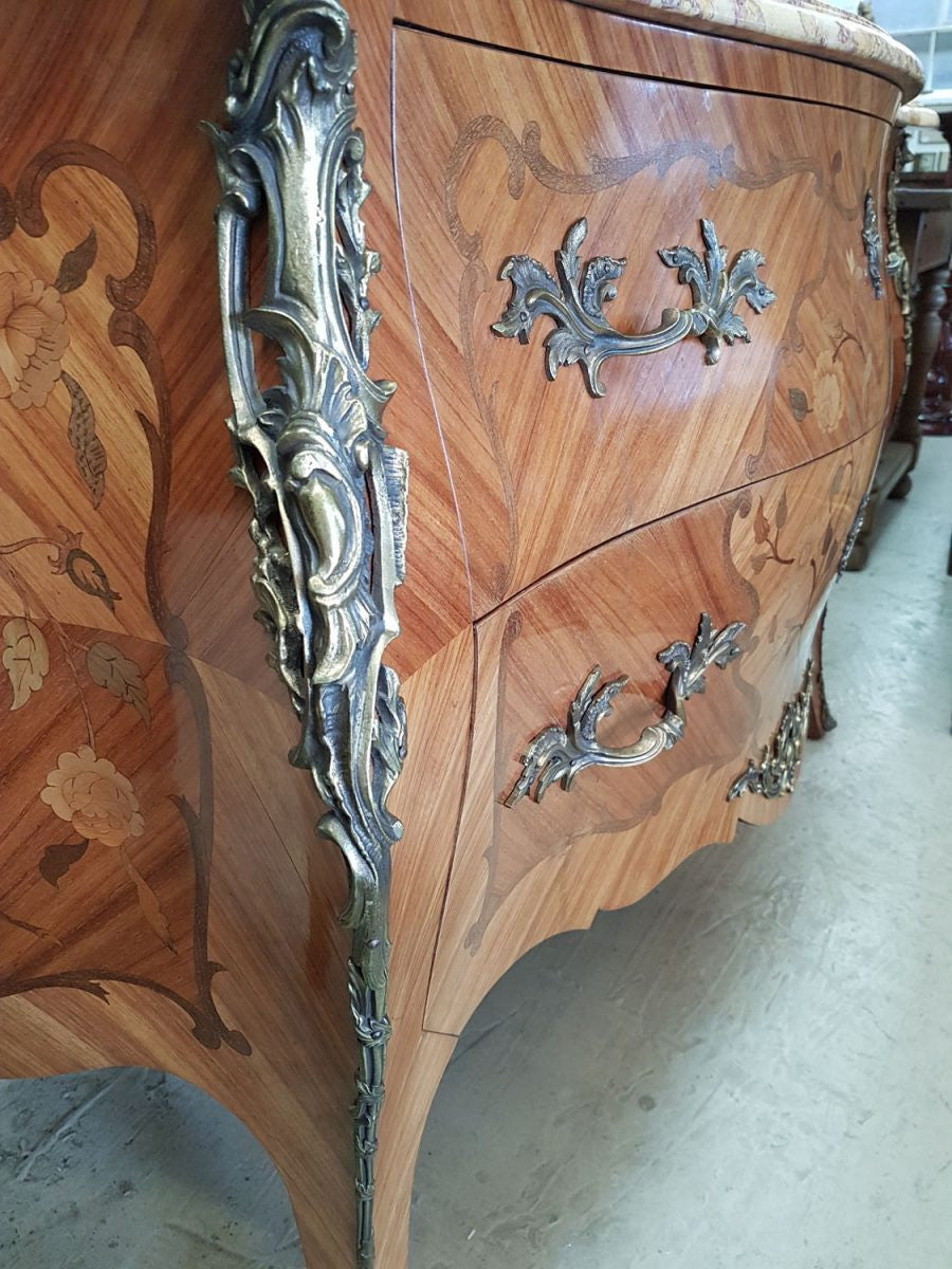 French Marquetry Inlay Kingwood Louis XV Marble Top Commode | Antique & Vintage | Moonee Ponds Antiques | Australia Wide Delivery