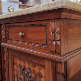 Impressive Pair of Walnut Parquetry Inlaid Henry II Style Marble Top Bedside Cabinets