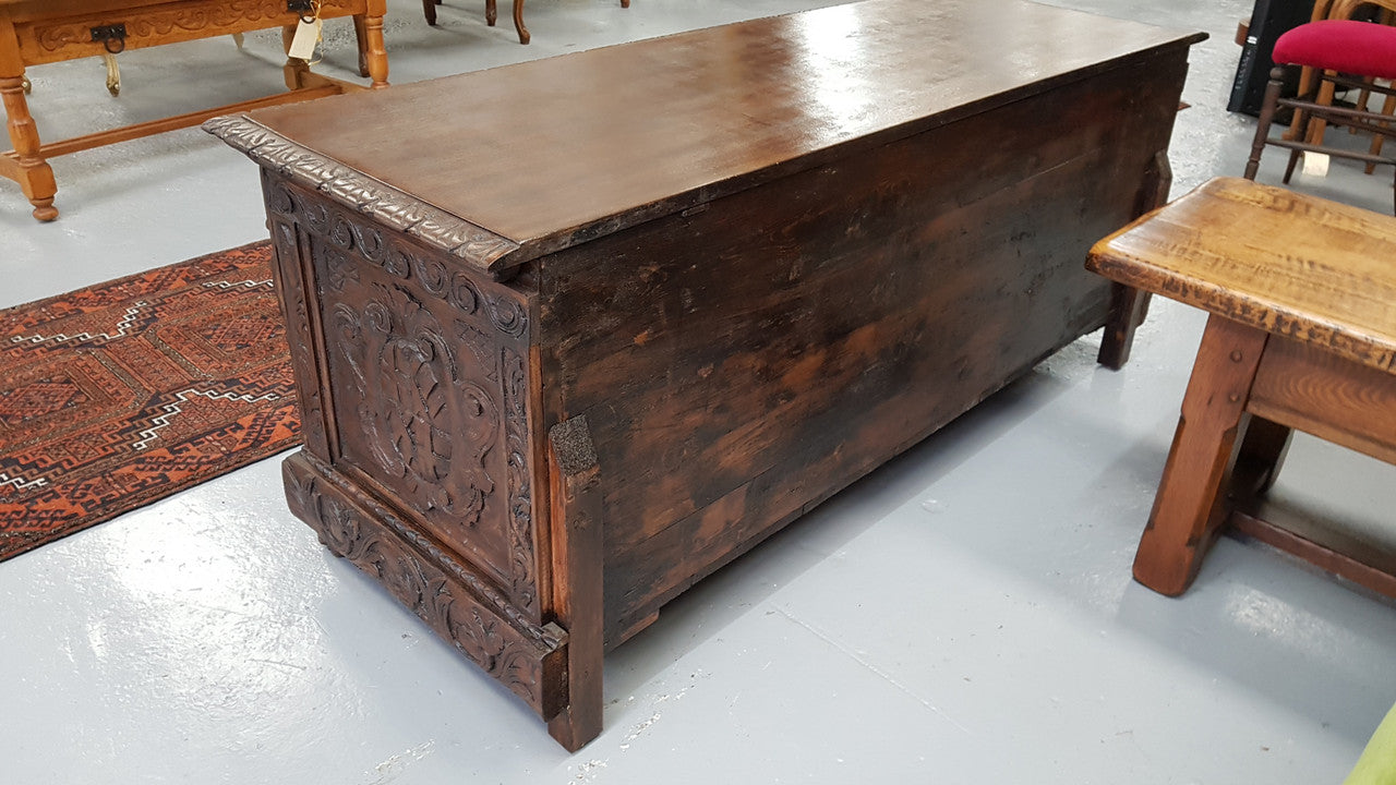 Antique Mahogany Heavily Carved Coffer Chest Blanket Box