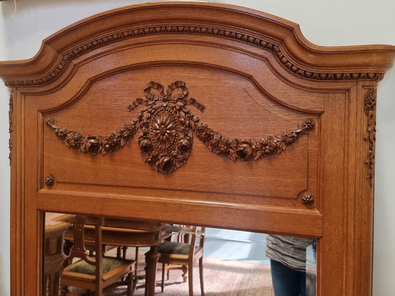 Beautiful French Oak Louis XV style carved trumeau mirror with beautiful detail. In good original detailed condition.