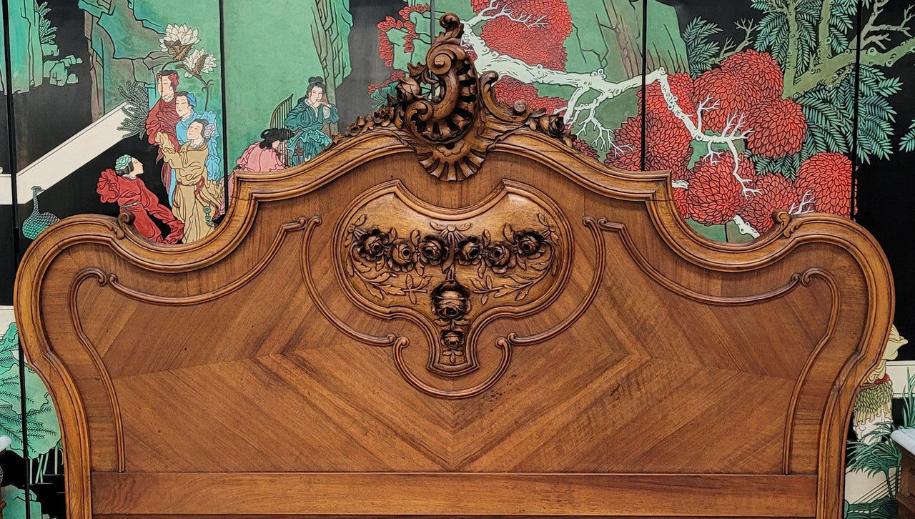 Beautifully Carved French Walnut 19th Century Queen Bed Head, Foot and Rails | Antique & Vintage | Moonee Ponds Antiques | Australia Wide