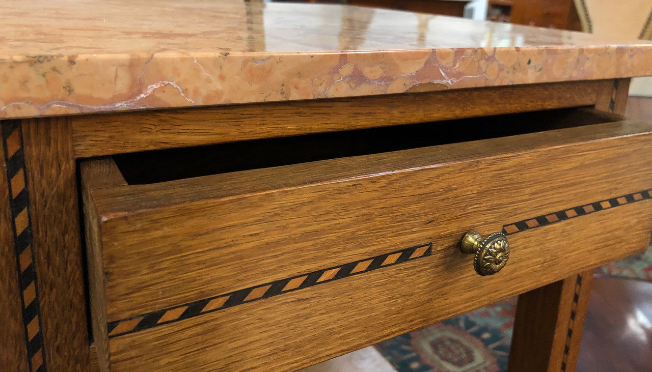 Beautiful Pair of French Oak Inlaid Marble Top Bedside Cabinets | Antique & Vintage | Moonee Ponds Antiques | Australia Wide Delivery