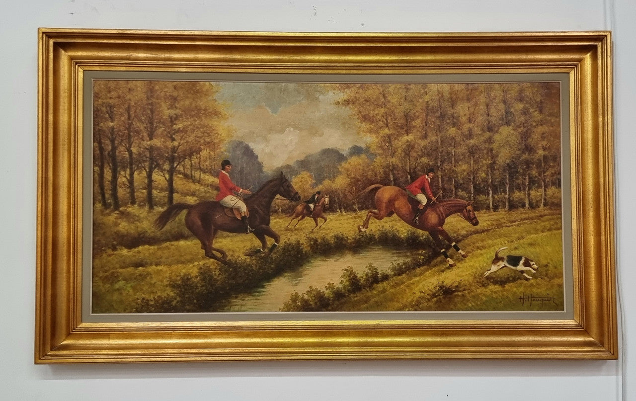 Large signed oil painting on canvas of a "Fox Hunt" scene. Sourced in France and is in good original detailed condition.