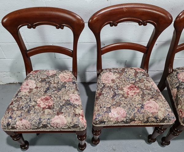 Set of Four Victorian upholstered cedar balloon back chairs. In good original detailewd condition, fabric is also in good used condition.