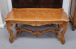 French Oak Parquetry Top Coffee Table With Decorative Carved Base | Antique & Vintage | Moonee Ponds Antiques | Australia Wide Delivery