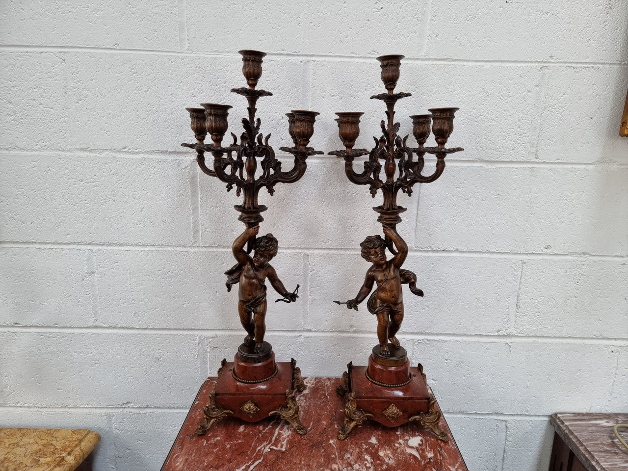 Pair of Highly Decorative French Cherub Candelabras With Bronzed Metal & Marble | Antique & Vintage | Moonee Ponds Antiques | Australia Wide Delivery