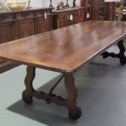 Hard to find three meter Spanish style dining table with a width of 108 cm. Made from reclaimed elm and Oregon with nice iron work. Can easily sit 10-12 people and is in good original detailed condition.